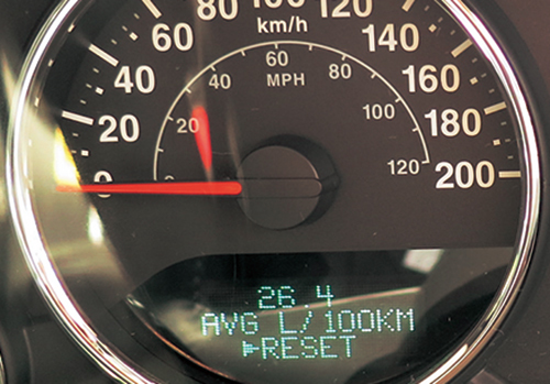 ラングラーの平均燃費計は100km走るのに使用する燃料を表示する方式。編集部から首都高・代官町入口までの燃費は3.8km/Lだった