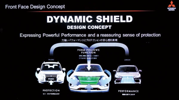ダイナミックシールドは、三菱車のデザインの伝統を受け継ぎながら発展させたこれからの三菱車共通のデザイン・アイデンティティだ。ブラックフェイスと、乗員とクルマを守るように包み込むプロテクターの要素が特徴だ