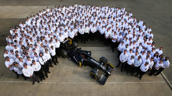 The team celebrate the launch of the Renault Sport Formula One Team.
