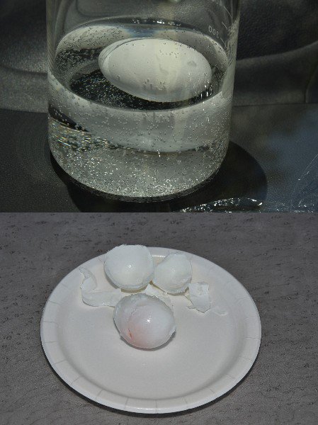 車内でも2つの卵料理に挑戦!　ひとつは生卵をそのままダッシュボードに置いて2時間。表面温度は70度と素手では触れないほど熱くなった卵を割ってみると、ゆで卵が出現!　ゆでてないけど見た目はゆで卵だ。もうひとつは生卵をビーカーの水の中に入れてダッシュボードの上で2時間。水は62度まで温められた。で卵を割ると、こちらは温泉卵。夏場の車内は卵料理ができちゃうほど高温になる! 