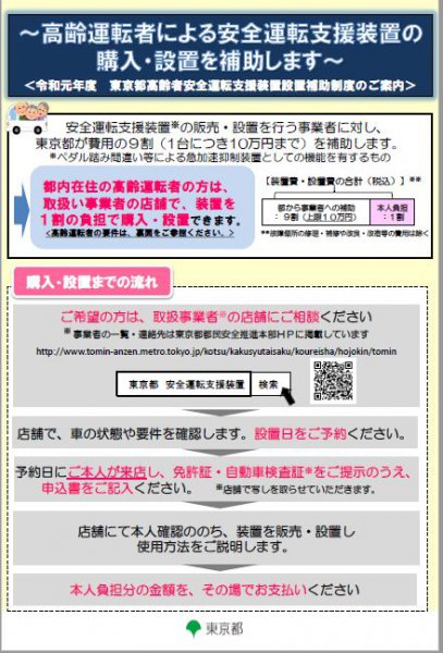 東京都の後付けペダル踏み間違い装置の補助金のパンフレット（1枚目）<br>