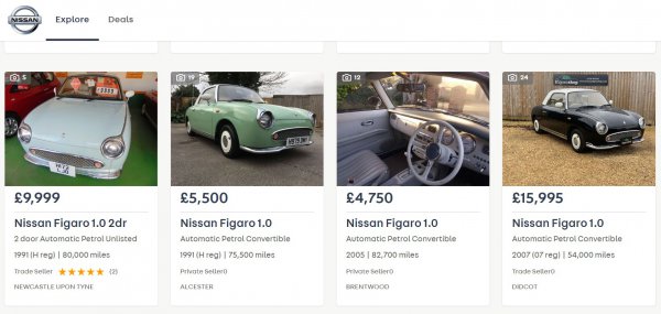 日産UKの中古車欄にあるフィガロ。1万5995ポンド（約214万円）で販売されているクルマも。1ポンド＝134円換算