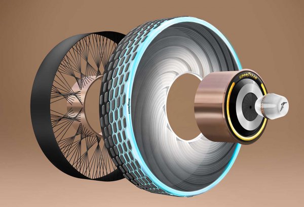 グッドイヤーが発表した自己再生タイヤのrecharge（リチャージ）。カートリッジを取り付け、そこから液体コンパウンドが供給され摩耗を自己再生する