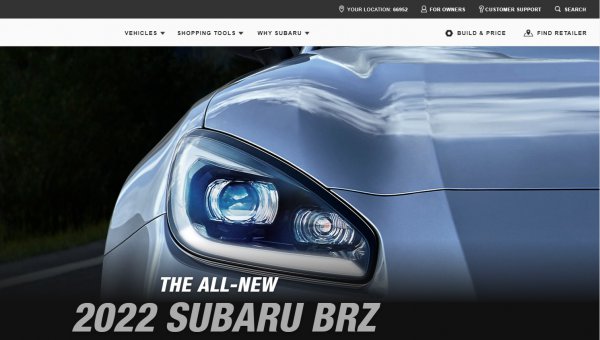 今回正式に公開された北米スバルの特設Webサイト。トップ画面に大きく、新型BRZのフロントヘッドライトと思われる写真が掲示されている。もちろん新型BRZの写真は世界初公開。「2022 SUBARU BRZ」とある