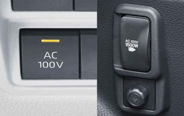 ヤリスハイブリッドのAC100V給電口　コンセントをONにするには、READYインジケーターが点灯している状態で、AC100Vスイッチを押し、作動表示灯が点灯することで、使用可能となる。なお、パーキングブレーキがかかっていることが前提だ