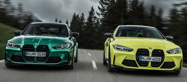 走りの象徴である新型M4クーペ（右）とM3セダン（左）。BMWはi4にもMモデルの設定を予定している