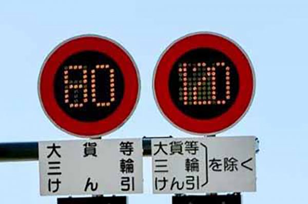 新東名高速の速度標識。スーパーハイト系軽自動車で120km/h走行は本当に大丈夫なのだろうか