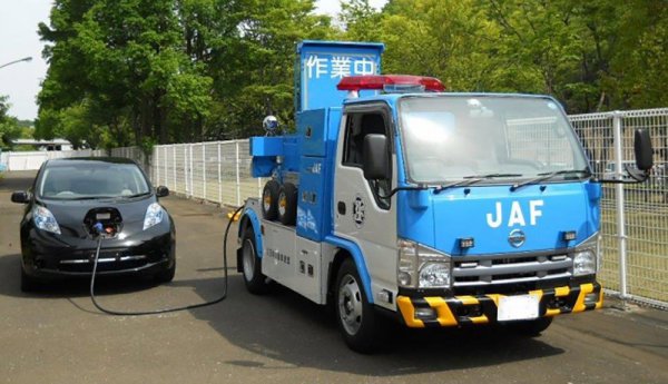 日産「アトラス」をベースに開発されたEV用充電器付きロードサービスカーは、JAF神奈川支部に配備され実証実験が行われた