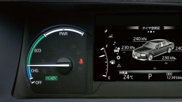 写真は、トヨタ センチュリーのハイブリッドシステムインジゲーター。「アクセル開度とエネルギーの回生状態」を表示している