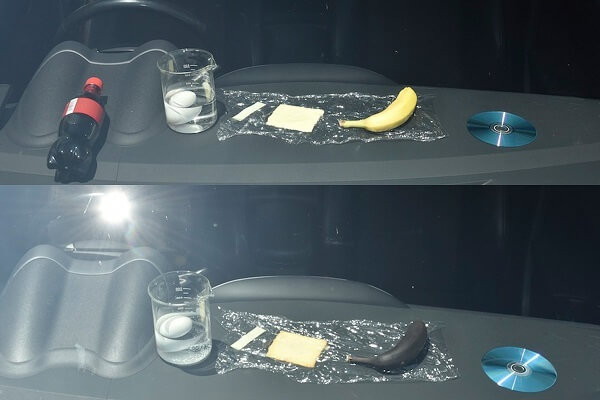 上が実験前、下が実験2時間後の写真。バナナ、ガム、とろけるチーズ、コーラのペットボトルという食品、それに電卓とCDという実用品。いずれも暑さによる変化が起きそうで気になるという基準でチョイスしている