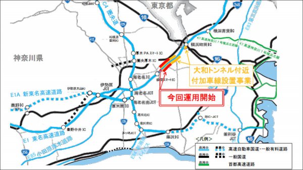 付加車線設置箇所のうち、今回運用が始まったのは西側（名古屋寄り）の区間のみ（図はNEXCO中日本のプレスリリースより）
