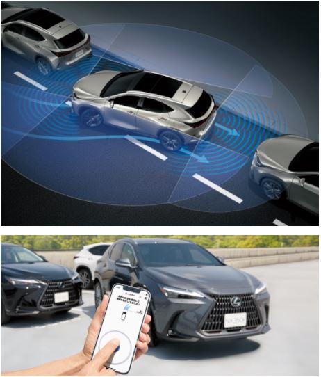 高度運転支援技術アドバンストパーク［Lexus Teammate Advanced Park］（リモート機能付き）。支援シーンを拡大し、並列駐車シーンにおいて前向き駐車／バック出庫／前向き出庫が新たに可能になった。カメラと超音波センサーを融合し全周囲を監視することで、適切に認知、判断、操作を支援