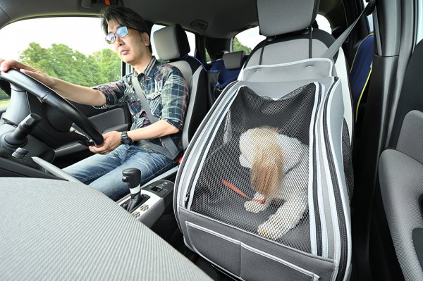 甘えたいのか、飼い主の運転が信用できないのか、こちらの様子を伺っている愛犬。ペットシートプラスわん2を使ってみて初めて気づいた事実だ