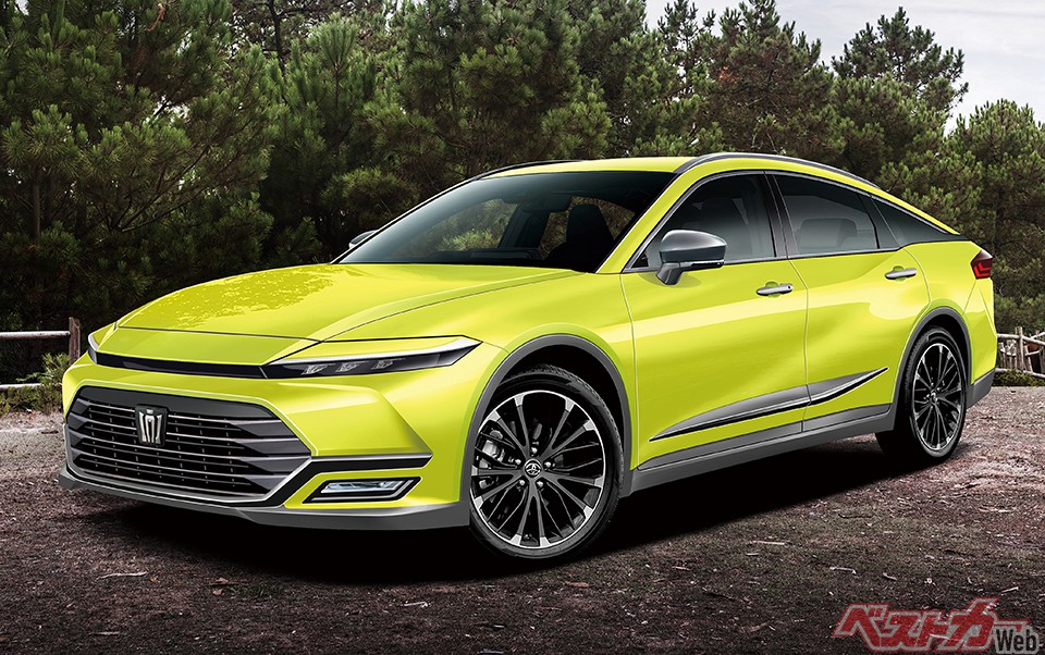 ベストカーが作成した『クラウンSUV』の予想CG。前後フェンダーとサイド下部にブラックのカバーを付けて車高をアップするほか、ルーフレールなども設定(画像はベストカー編集部による予想CG)