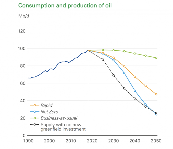 BP原油需要供給予測チャート。新規開発への投資が行われないと、原油の供給量が需要量を下回り価格を押し上げると予想されている。出所：BP「Energy Outlook 2020」