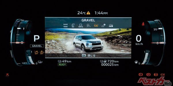 7つのドライブモードがあり、それぞれメーター内にわかりやすくイラストが表示される。写真は「GRAVEL」モード