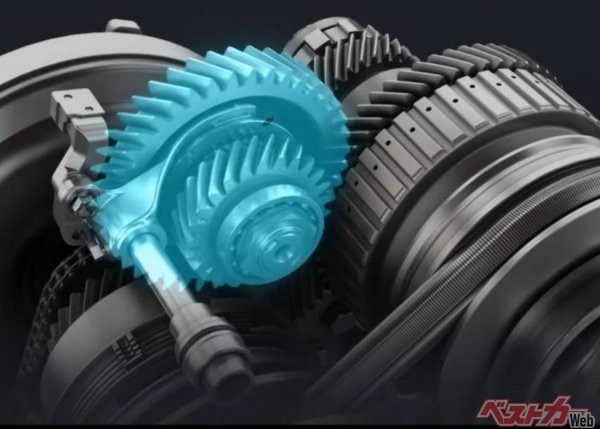 トヨタ（生産は共同開発したアイシン）のダイレクトシフトCVTは発進専用ギア（ブルーの部分）を組み込むことで、ベルトの負担を抑えて燃費と加速フィールを向上。現在、レクサスUXやRAV4、ハリアーに搭載