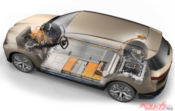 iXは、前後各々に駆動用電気モーターを備える4WDで、床下に大容量のリチウムイオン電池を備える
