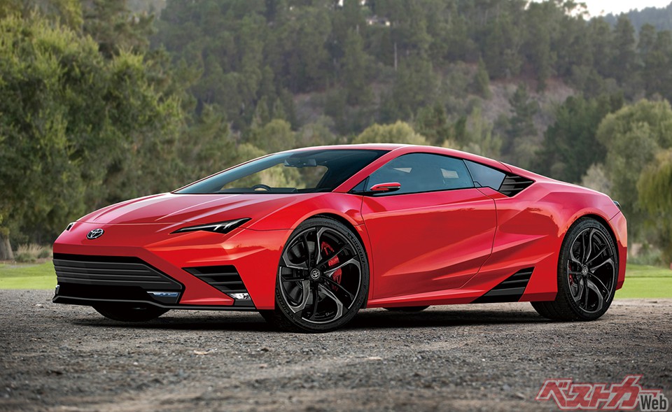 かつて公開したコンセプトカーのアレッサンドロボルタを彷彿とさせるシャープなデザインが特徴。新開発の3L+モーターのハイブリッドユニットを重量配分にこだわり、縦置きに搭載(画像はベストカー編集部による予想CG)