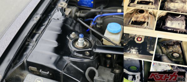 サスペンションを固定するボディパネル周辺が錆で劣化したため、ショップの尽力で新たにパネルを溶接してあるという。GT-Rに「匠」の技が必要不可欠なのは今も昔も変わらない