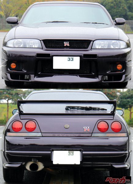 さりげなく後期型のキセノンライトに変更されている(上)。R33GT-Rに今や貴重な33ナンバー。通が見れば、ワンオーナーによって今日まで乗り続けてこられた特別なクルマと伝わるはずだ(下)