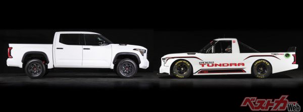 市販車とNASCAR仕様の比較。圧倒的に車高が異なる。ただし、全体的なフォルムは同じクルマとわかるところがすごい。タンドラさえレースに参戦可能なのはいかにもアメリカらしい