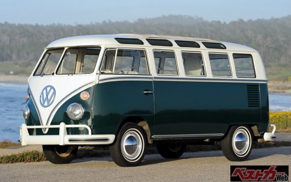タイプ2初代T1。アメリカではタイプ2・23ウインドウは1000万円以上の値が付いている。タイプ1(ビートル)同様、合理性の中に愛らしさ、親しみやすさを全身から感じるデザインだ