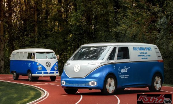 ID.BUZZ CARGOベースのNike <strong>Blue Ribbon Sports van</strong>。後方のT1に対していかにID.BUZZが巨大かが分かる