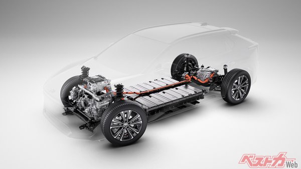 トヨタbZ4Xの透視図。場所をとる上に重たいバッテリーを床に敷き詰めるには車高の高いSUVが適している