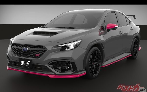 WRX S4 STI performance CONCEPT。鮮やかなチェリーレッドのフロントからサイド、リアにかけてのアンダースポイラー、巨大なリアスポイラーが特徴的だ