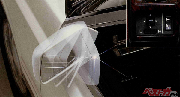 世界で初めて採用された、運転席に座ったままインストルパネルのミラー操作ボタンを押すだけで左右のドアミラーを同時に出し入れできる「電動格納式カラードドアミラー」