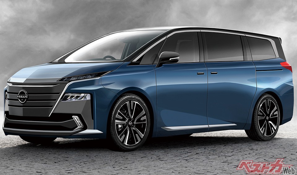 アルファードに挑戦状を叩きつける次期エルグランド。注目のデザインはこの予想CGよりもっと四角いのかもしれない。登場は2023年末か?(画像はベストカー編集部による予想CG)