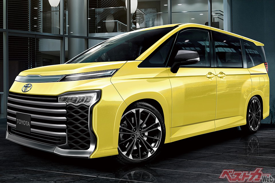 新型ノア&ヴォクシーは車名統一の動きはあったが、エスクワイアは廃止されたものの、それぞれ独立した名称が継続された。ヴォクシーはエアロ仕様のみの設定となる(画像はベストカー編集部による予想CG)