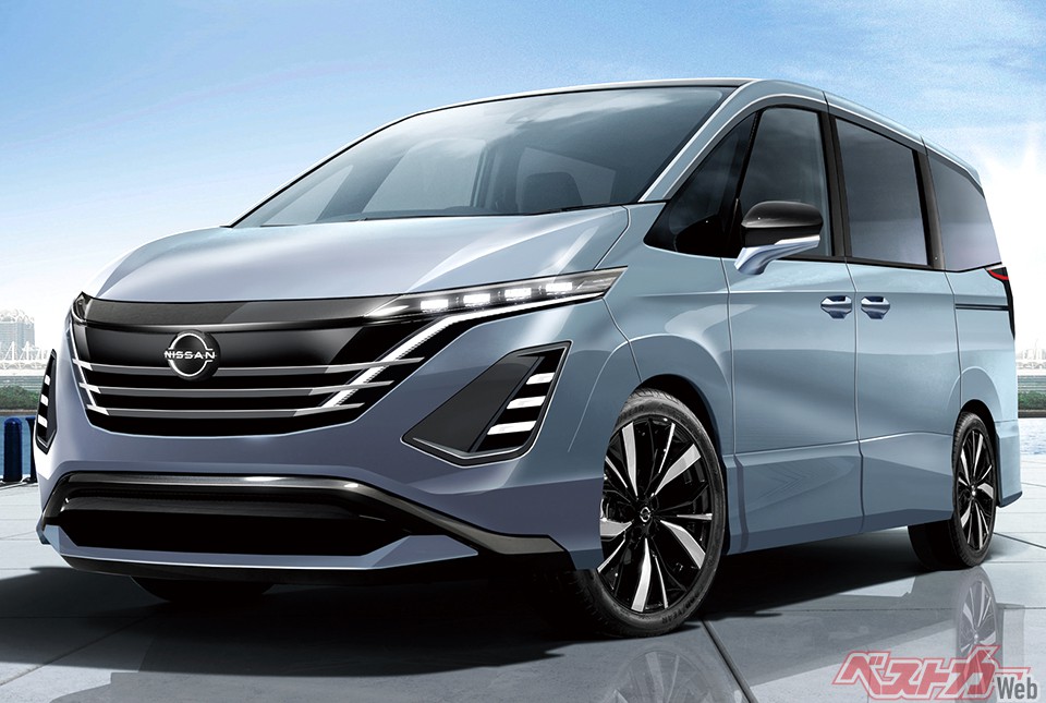 日産 セレナ。キープコンセプトながら、全体的にスタイリッシュ感が増したエクステリアデザイン。顔はアリアなどの流れを汲むVモーショングリルとなる(画像はベストカー編集部による予想CG)