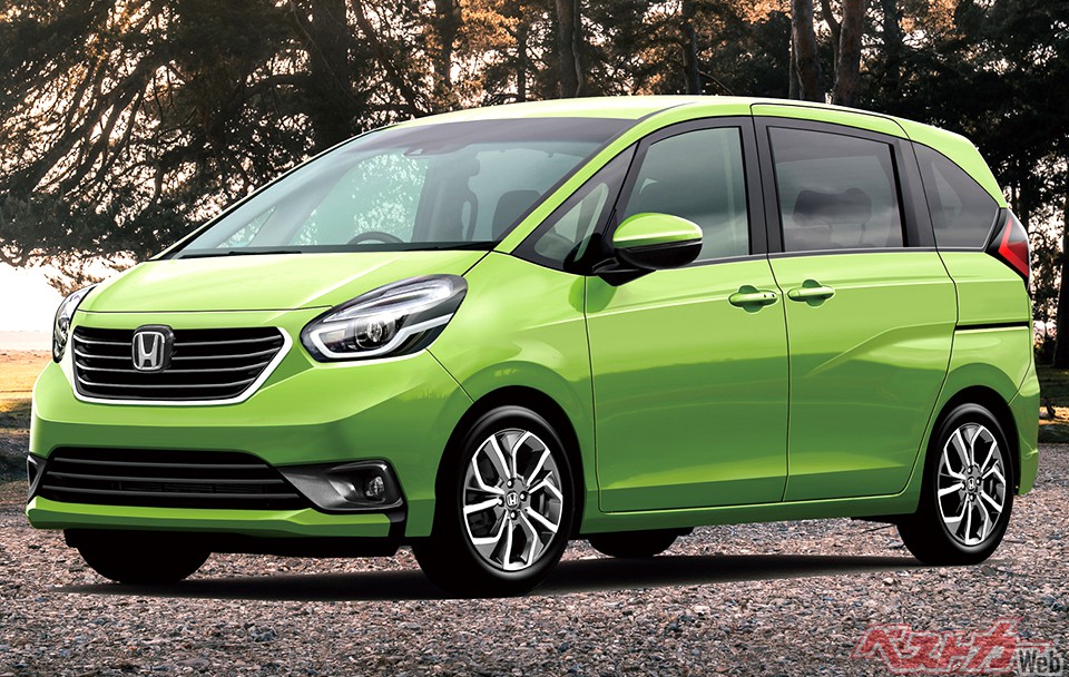 ホンダ フリード。スタイルはキープコンセプトだが、先日発表となったステップワゴン同様。家族で楽しめるように顔は穏やかなものになる見込み(画像はベストカー編集部による予想CG)
