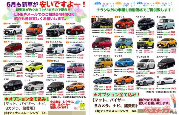 並みいる人気車が20万～40万円引きの価格で掲示されている。下部のモザイク部分にはO社長の名前と個人の携帯電話番号が記されている。それにしてもなぜ（未発表車である）「TJクルーザー」の価格まで…？