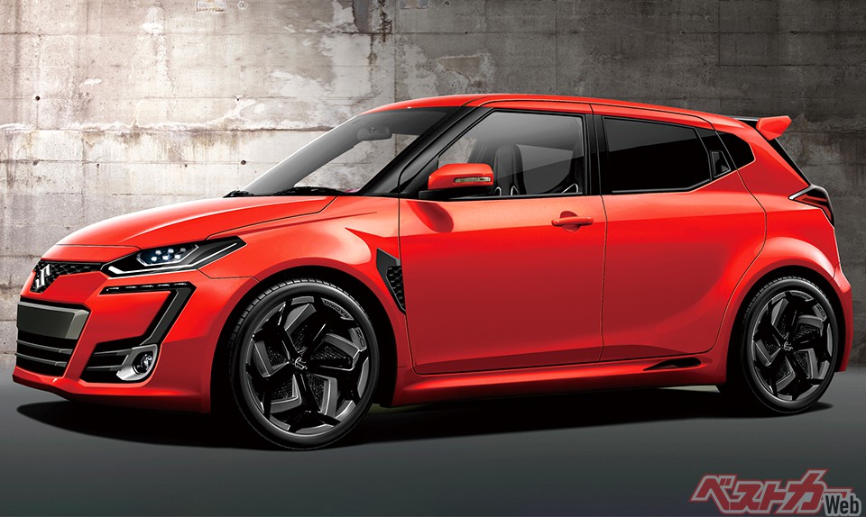 スズキ スイフトスポーツ。軽量コンパクトでキビキビ走る美点はそのまま残し、マイルドハイブリッドで燃費性能も向上。次期モデルも人気確実!(画像はベストカー編集部による予想CG)