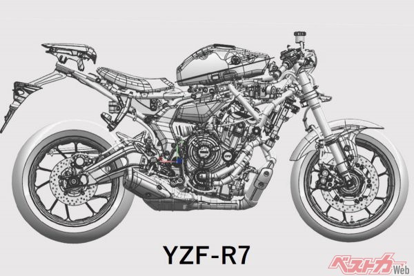 新型YZF-R7の鉄フレーム＋不等間隔爆発2気筒は、ドゥカティと同構成だが大幅にコンパクト。ホイールベースは1405mmで現行ドゥカティ・スーパースポーツの1478mmより70mm以上も短い