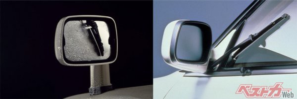 レパード（左）とマークII（右）のサイドミラー。安全な後方視界確保に並々ならぬこだわりを見せた1980年代の日本車メーカー。トヨタは1989年の初代セルシオで超音波雨滴除去ミラーを採用し、さらなる進化を見せた