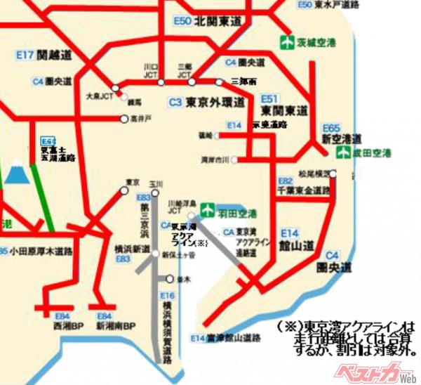 NEXCOの資料より抜粋。首都圏では第三京浜、横浜新道、横浜横須賀道路、そして首都高が適用外となっている