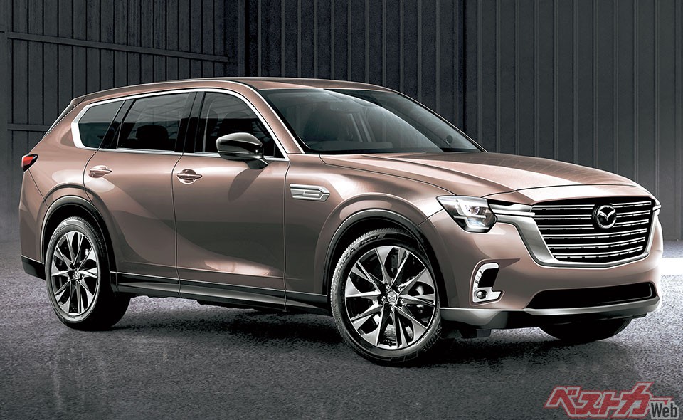 日本のマツダ車で最も大きなモデルとなるCX-80は、意外と少ない高級SUVとして存在感を発揮する。2023年秋登場予定(画像はベストカー編集部による予想CG)