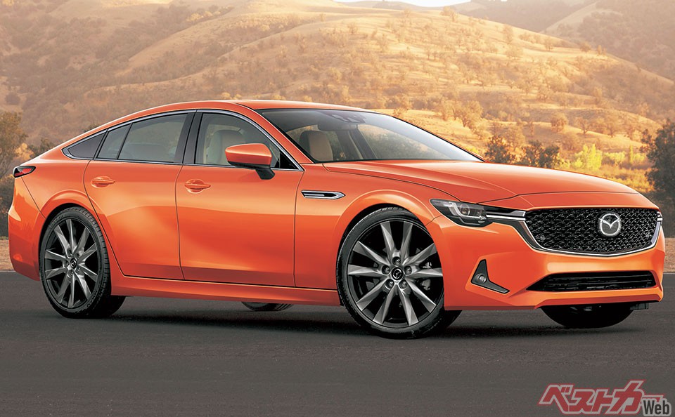 新型マツダ6の予想CG。FR化することで現行型とはプロポーションが大きく変わるマツダ6。より上級モデルへと移行し、ベンツCクラスがターゲットとなる。2022年秋登場予定