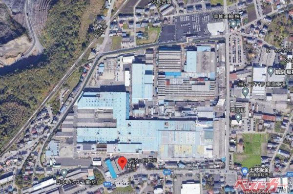 Googleマップで見た岐阜県坂祝町酒倉の売却されるパジェロ製造の工場