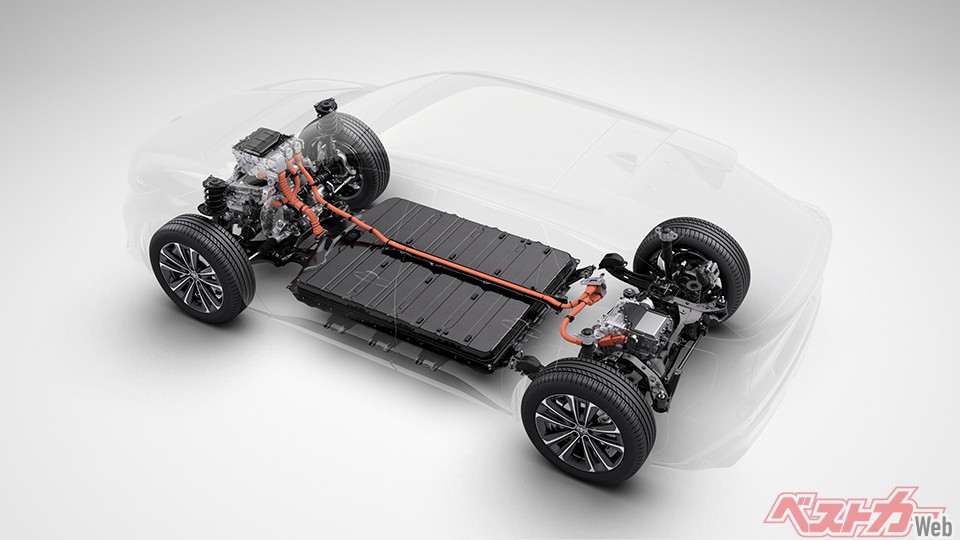 トヨタbZ4Xのバッテリー。長寿命であるほか、極材や電解質、ケースなどの再利用にも配慮が