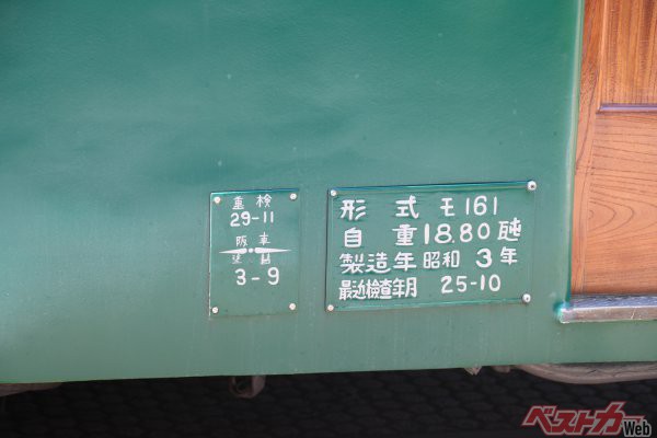 『モ161号』の重量などが記された銘板は手書きで何ともアジがある。製造年昭和3年との記載がある