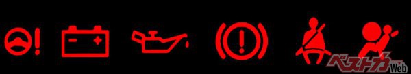 赤で点灯する警告灯の一部。左から、パワーステアリング警告灯、充電警告灯、油圧警告灯、ブレーキ警告灯、シートベルト警告灯、エアバッグ警告灯