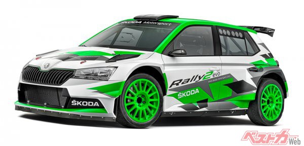 WRC世界ラリー選手権のWRC2／WRC3クラスなどで導入されているラリー2（旧R5）規定車両「シュコダ・ファビア・ラリー2エボ」。福永修／齊田美早子組が駆り、全日本ラリーにも参戦している