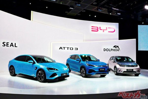 今回の日本市場参入に当たり、BYDが日本での販売を明言した3車種。左からセダンのSEAL、SUVのATTO3、コンパクトのDOLPHIN