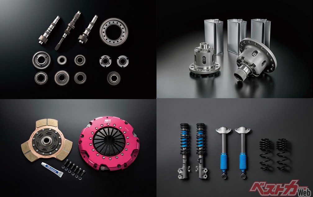 GRクロスミッション&Loファイナルギア(左上)、GR機械式LSD(右上)、GR強化メタルクラッチ&クラッチカバーセット(左下)、ビルシュタイン製サーキットパッケージ専用ショック(右下)