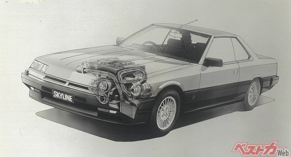 6代目スカイラインのRSは2L直4ターボを搭載。当初は190psだったが、1984年のマイチェンでインタークーラーが装着され205psとなる